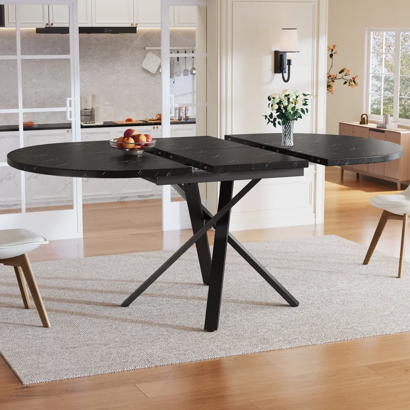 Tavolo da pranzo rotondo allungabile effetto marmo; da 100 a 140 cm; MDF e metallo nero