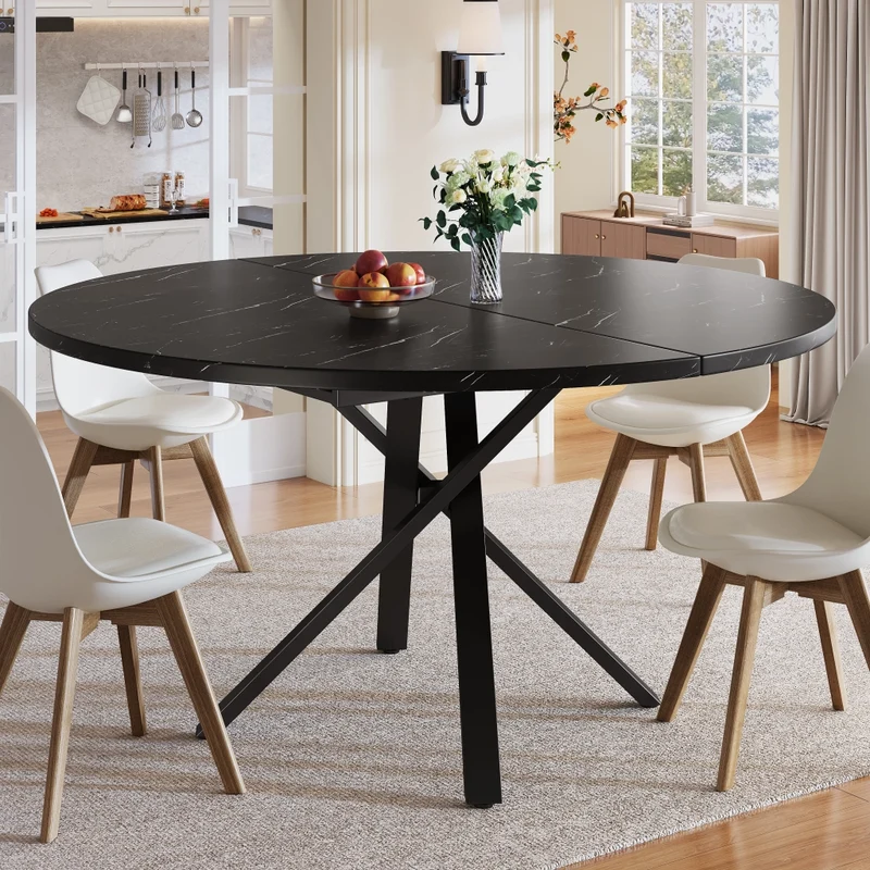 Tavolo da pranzo rotondo allungabile effetto marmo; da 100 a 140 cm; MDF e metallo nero