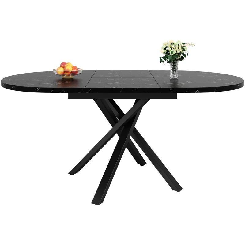 Tavolo da pranzo rotondo allungabile effetto marmo; da 100 a 140 cm; MDF e metallo nero