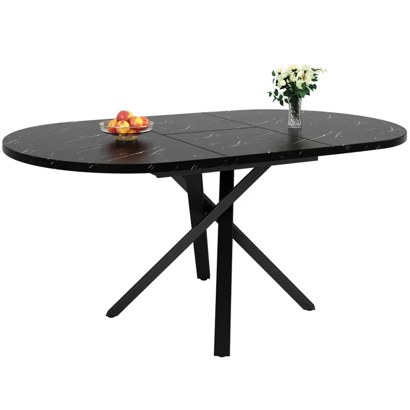 Tavolo da pranzo rotondo allungabile effetto marmo; da 100 a 140 cm; MDF e metallo nero