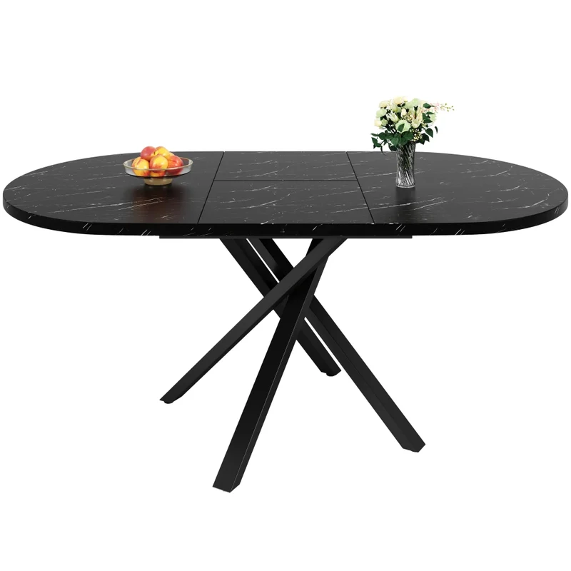 Tavolo da pranzo rotondo allungabile effetto marmo; da 100 a 140 cm; MDF e metallo nero