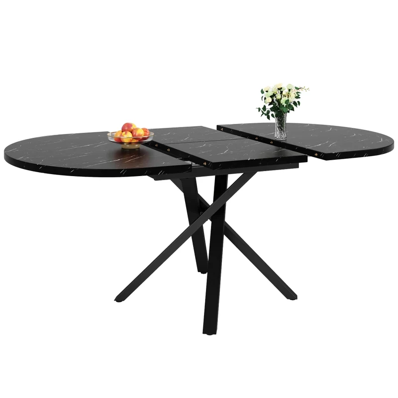 Tavolo da pranzo rotondo allungabile effetto marmo; da 100 a 140 cm; MDF e metallo nero