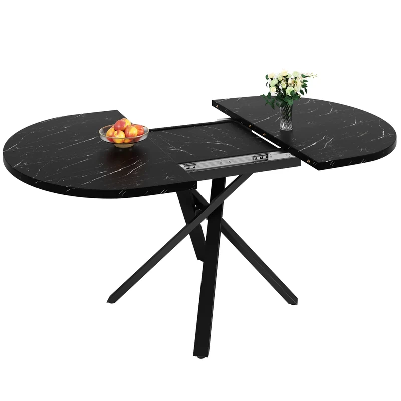 Tavolo da pranzo rotondo allungabile effetto marmo; da 100 a 140 cm; MDF e metallo nero