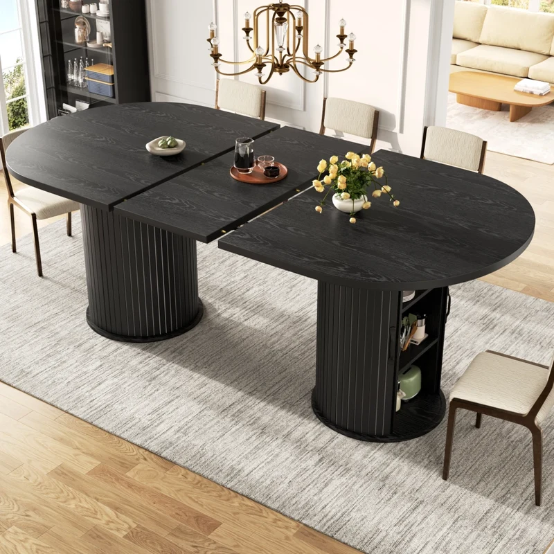 Tavolo da pranzo allungabile da 110 a 140 cm in MDF e metallo; effetto legno; con contenitore