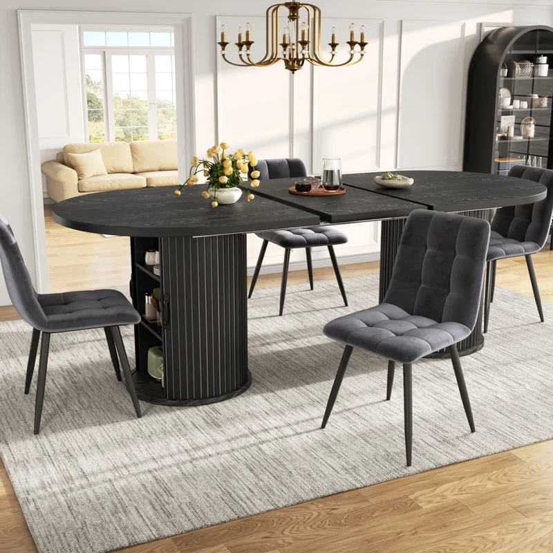 Tavolo da pranzo allungabile da 110 a 140 cm in MDF e metallo; effetto legno; con contenitore