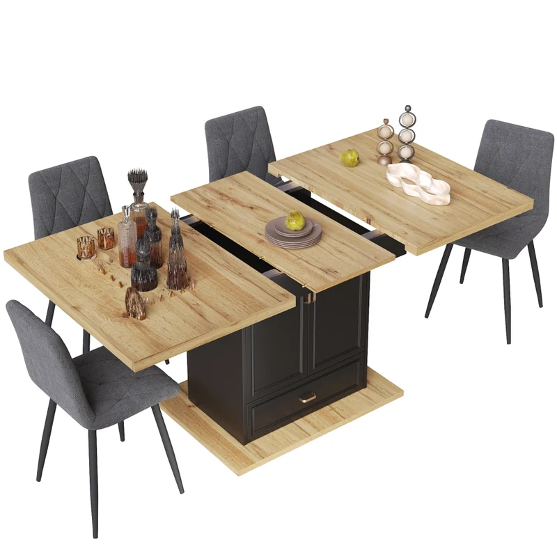 Tavolo da pranzo allungabile da 150 a 190 cm; MDF e metallo; marrone scuro