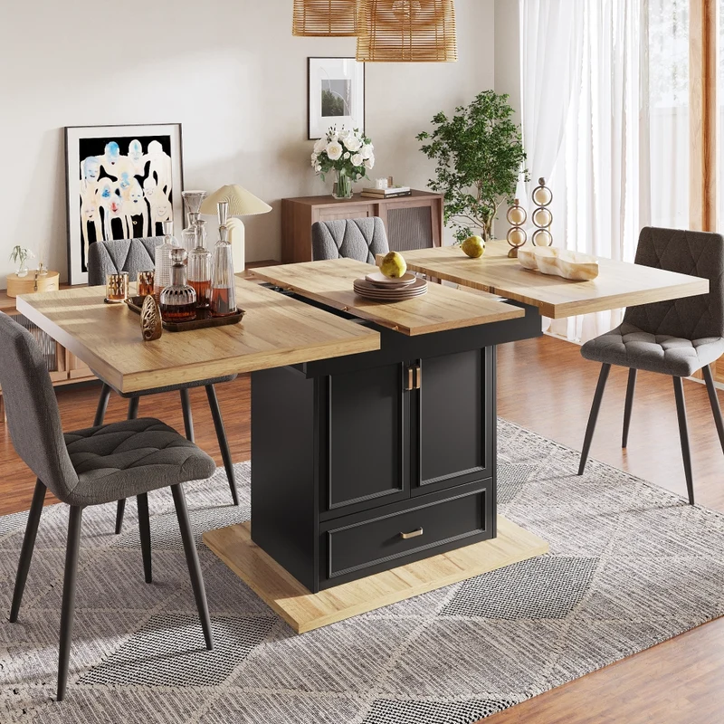 Tavolo da pranzo allungabile da 150 a 190 cm; MDF e metallo; marrone scuro