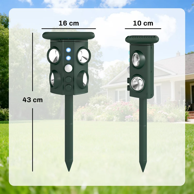 Repellente Solare Ultrasonico per Gatti 16x10x43 cm con 5 Modalità Sensore PIR e Flash LED in ABS e PP Verde
