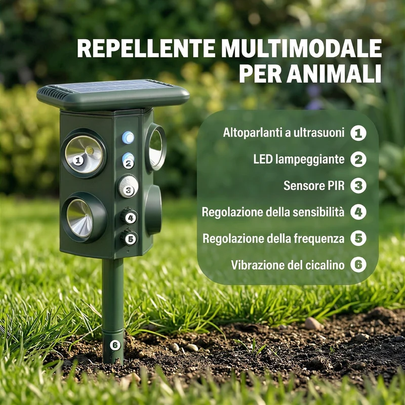 Repellente Solare Ultrasonico per Gatti 16x10x43 cm con 5 Modalità Sensore PIR e Flash LED in ABS e PP Verde