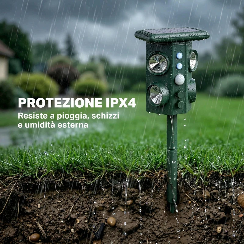 Repellente Solare Ultrasonico per Gatti 16x10x43 cm con 5 Modalità Sensore PIR e Flash LED in ABS e PP Verde