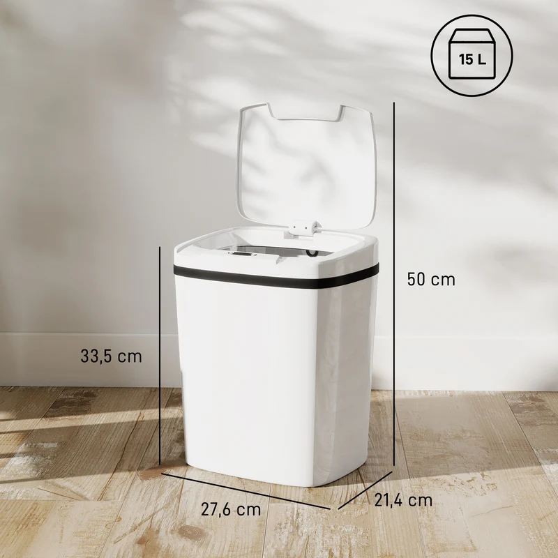 Pattumiera con Sensore a Infrarossi da 15L con 2 Modalità di Apertura Superficie Anti-impronte in ABS e PP Bianco