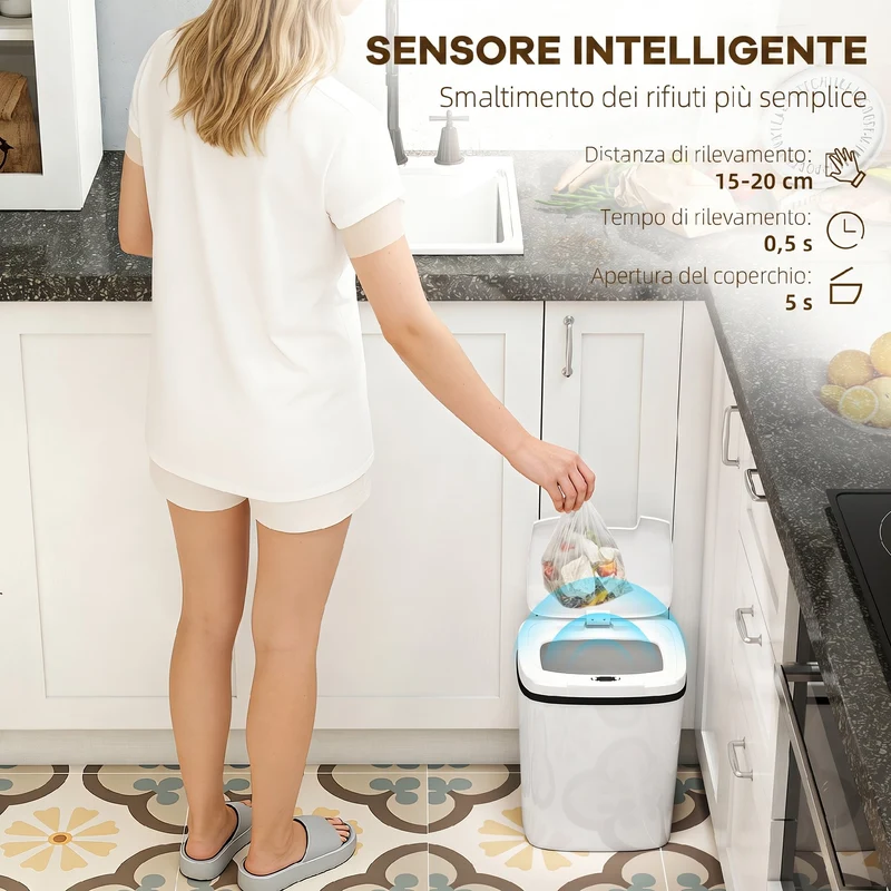 Pattumiera con Sensore a Infrarossi da 15L con 2 Modalità di Apertura Superficie Anti-impronte in ABS e PP Bianco