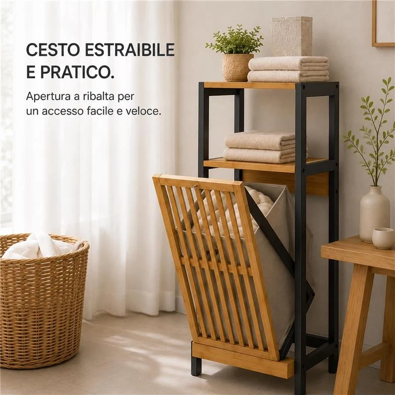 MOBILE DA BAGNO IN LEGNO CON ANTA, RIPIANO IN BAMBOO E PORTABIANCHERIA IN TESSUTO - COLORE NERO DIMENSIONI 36X33X98 CM