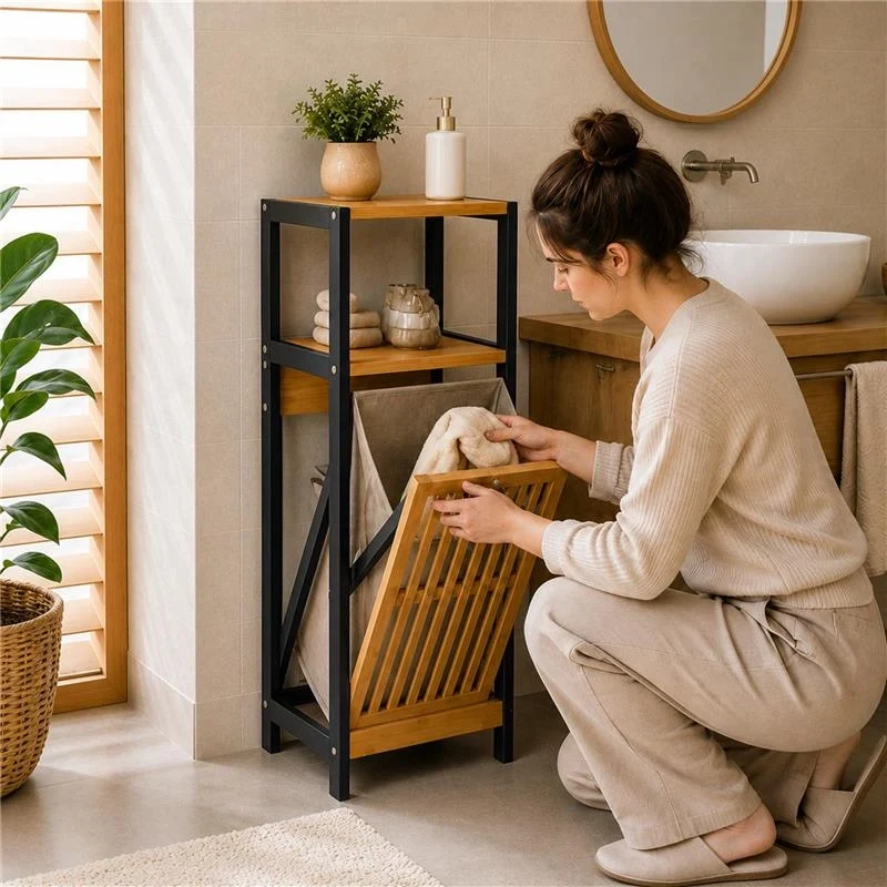 MOBILE DA BAGNO IN LEGNO CON ANTA, RIPIANO IN BAMBOO E PORTABIANCHERIA IN TESSUTO - COLORE NERO DIMENSIONI 36X33X98 CM