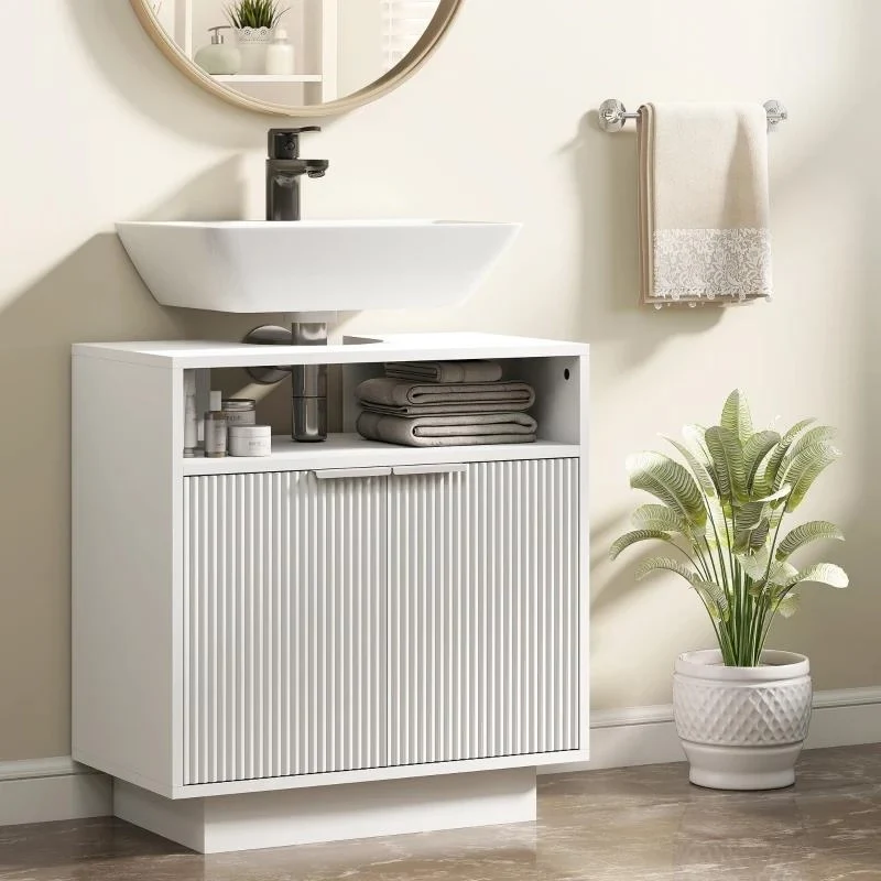 MOBILE SOTTO LAVABO BAGNO CON RIPIANO INTERNO REGOLABILE E RIPIANO APERTO, IN LEGNO, 60X33X63 CM, BIANCO
