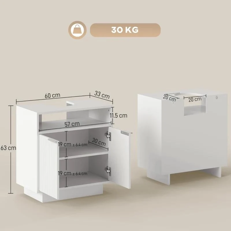 MOBILE SOTTO LAVABO BAGNO CON RIPIANO INTERNO REGOLABILE E RIPIANO APERTO, IN LEGNO, 60X33X63 CM, BIANCO