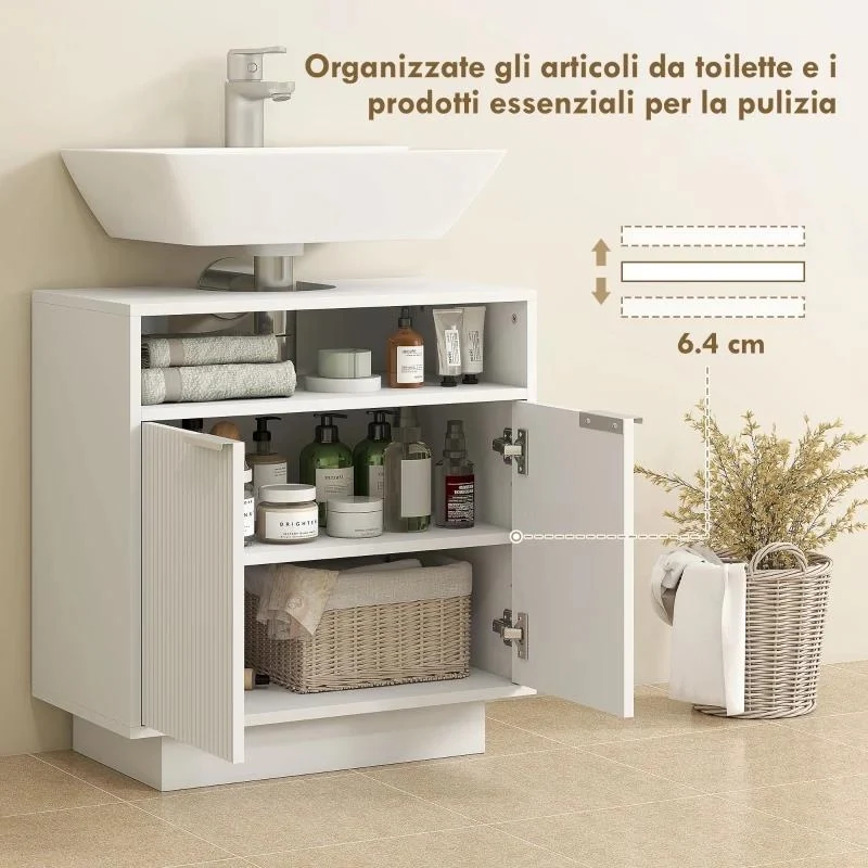 MOBILE SOTTO LAVABO BAGNO CON RIPIANO INTERNO REGOLABILE E RIPIANO APERTO, IN LEGNO, 60X33X63 CM, BIANCO