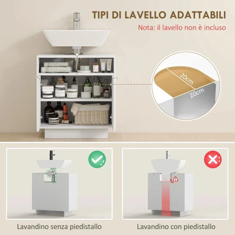 MOBILE SOTTO LAVABO BAGNO CON RIPIANO INTERNO REGOLABILE E RIPIANO APERTO, IN LEGNO, 60X33X63 CM, BIANCO
