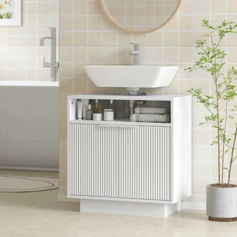 MOBILE SOTTO LAVABO BAGNO CON RIPIANO INTERNO REGOLABILE E RIPIANO APERTO, IN LEGNO, 60X33X63 CM, BIANCO