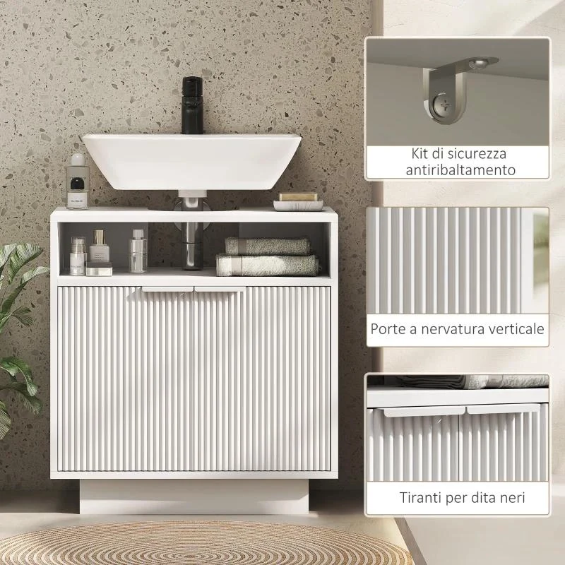 MOBILE SOTTO LAVABO BAGNO CON RIPIANO INTERNO REGOLABILE E RIPIANO APERTO, IN LEGNO, 60X33X63 CM, BIANCO