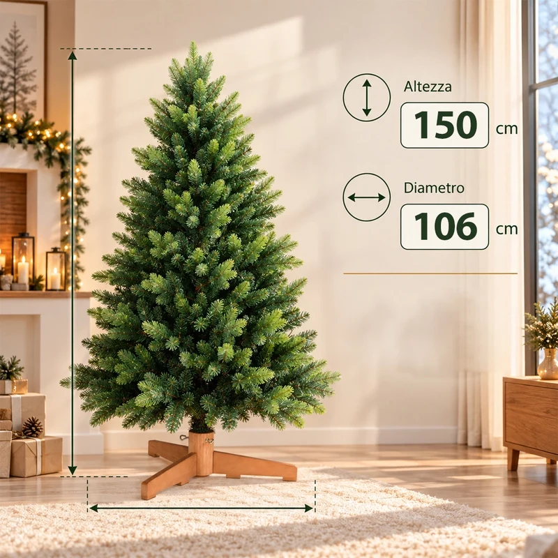 Albero di Natale Strasburgo Verde 150cm Foltissimo con Punte PVC e PE Base Legno