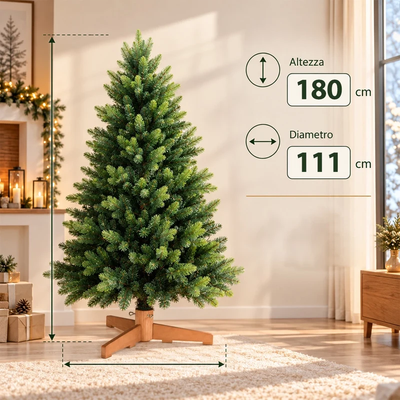 Albero di Natale Strasburgo Verde 180cm Foltissimo con Punte PVC e PE Base Legno