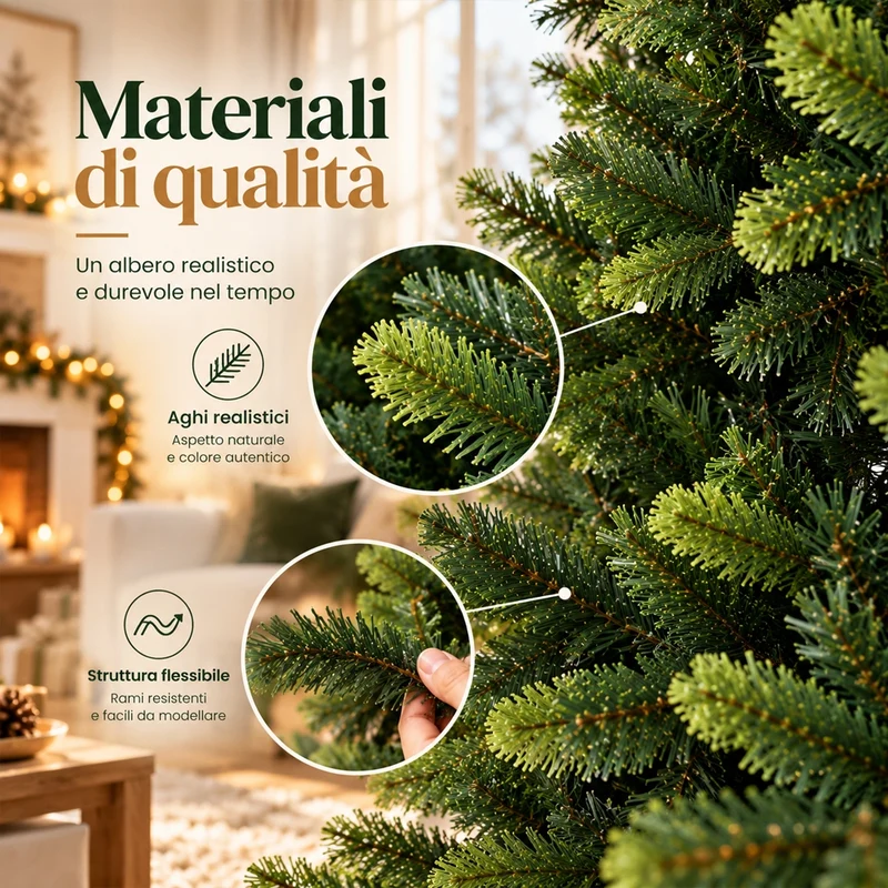 Albero di Natale Strasburgo Verde 220cm Foltissimo con Punte PVC e PE Base Legno
