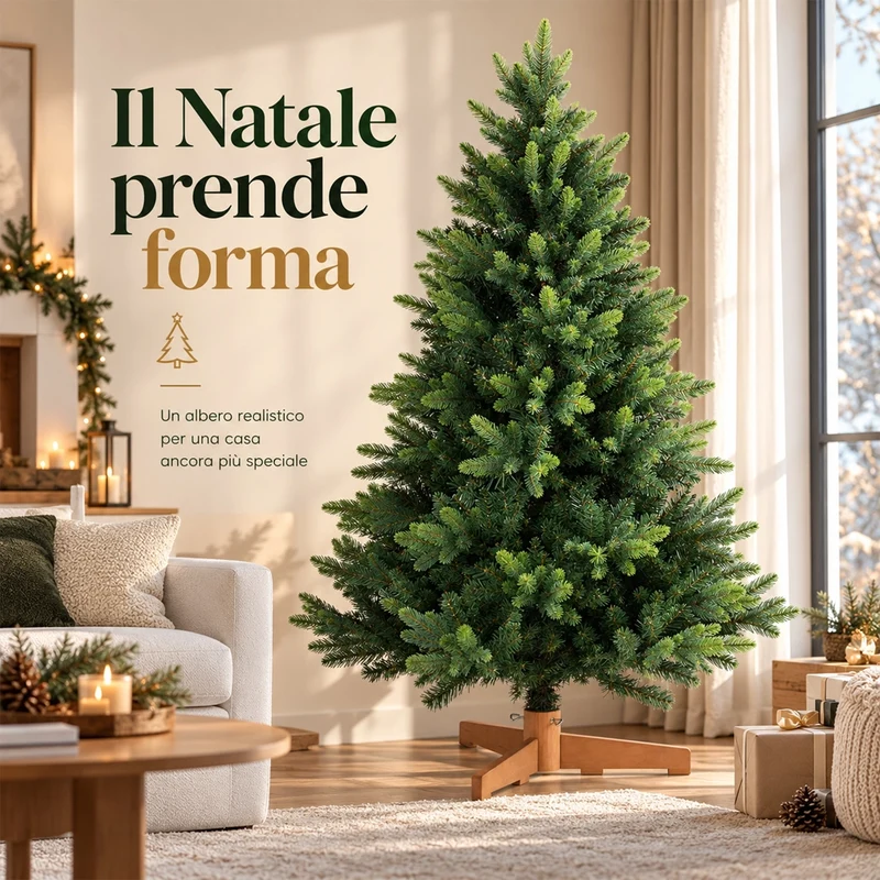 Albero di Natale Strasburgo Verde 220cm Foltissimo con Punte PVC e PE Base Legno
