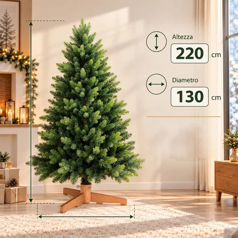 Albero di Natale Strasburgo Verde 220cm Foltissimo con Punte PVC e PE Base Legno