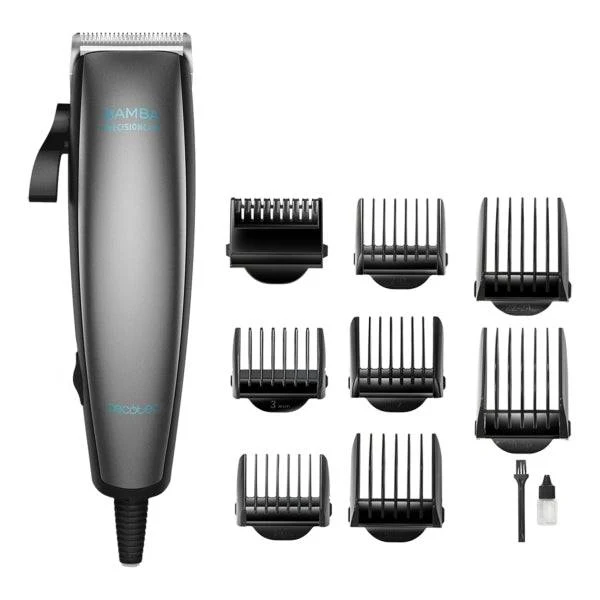 Cecotec Bamba PrecisionCare Power Blade Titanium Tagliacapelli con Cavo - Lame Titanio - Uso Asciutto e Umido - 9 Pettini Guida - Leva Regolazione Regolabile - Lubrificante - Grigio