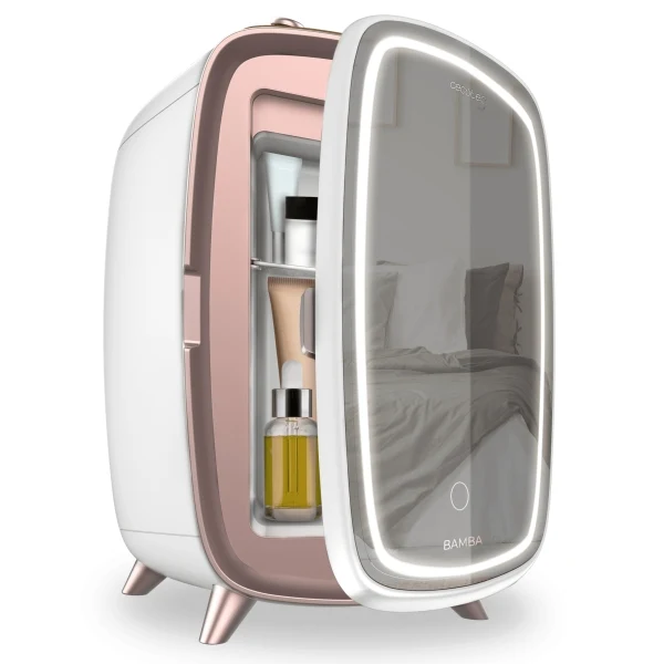 Cecotec CoolingBeauty 6000 Mirror Frigorifero Cosmetici con Specchio - 6L - Luce LED 3 Intensità - Silenzioso - Raffreddamento fino a 10ºC - Maniglia Superiore - Bianco e Rosa