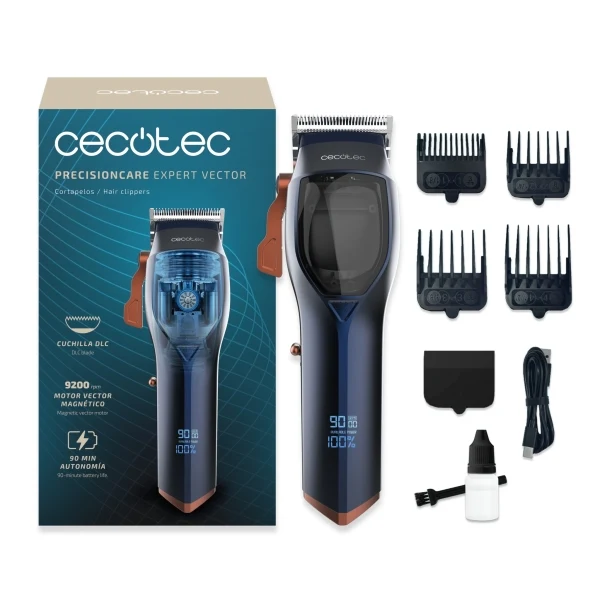 Cecotec PrecisionCare Expert Vector Tagliacapelli Wireless - Motore 9200rpm - Lama DLC Acciaio e Ceramica - Autonomia 90min - 4 Pettini - Ricarica Rapida USB-C - Ergonomico - Nero