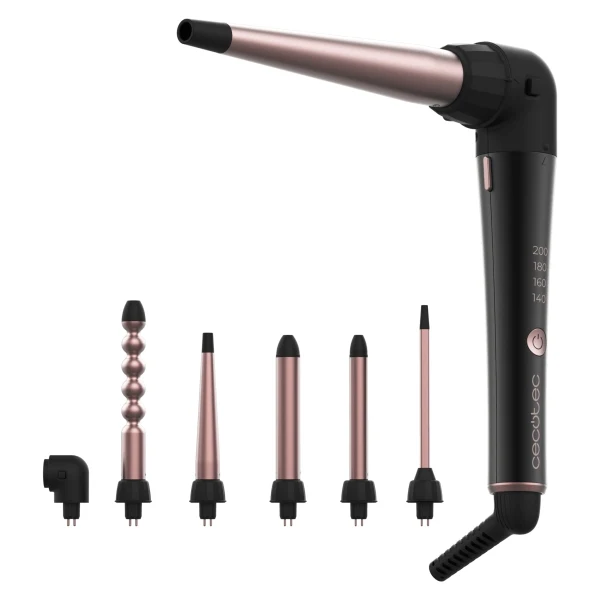 Cecotec SurfCare MultiWaves Arricciacapelli 25mm - Rivestimento Ceramica - Angolo 90° - Guanto e Clip - Testine Assortite - Temperatura 140-200°C - Nero e Rosa