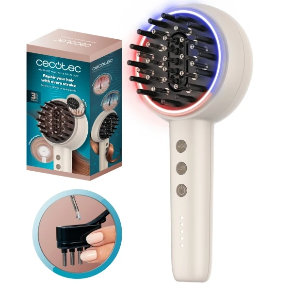 Cecotec HairCare Revitalize TotalCare Spazzola Rigenerante Capelli - Stimola Follicoli Piliferi - Luce LED - Applicatore Siero Integrato - 5 Livelli Intensità Regolabili - Bianco