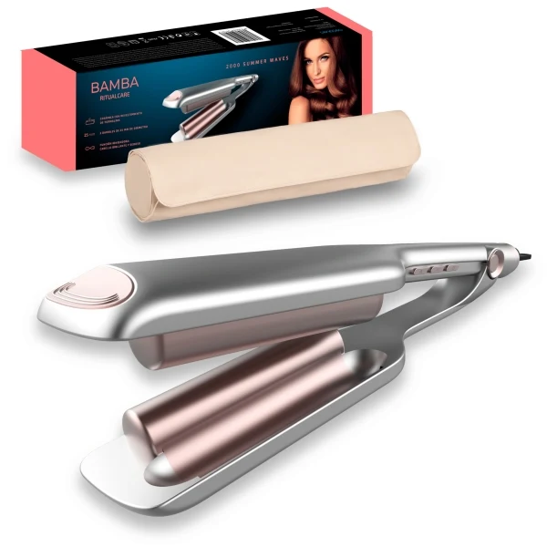 Cecotec Bamba RitualCare 2000 Summer Waves Piastra Capelli per Onde - Temperatura Regolabile - Funzione Ionizzante - Punta Fredda - Cavo 360º 1.8m - Borsa da Viaggio - Spegnimento Automatico - Argento