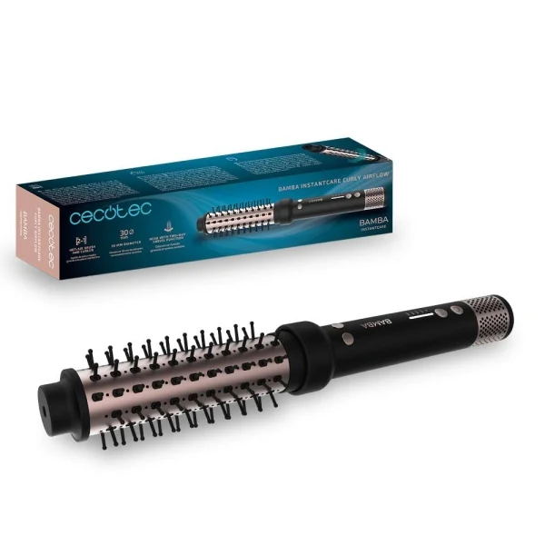 Cecotec Bamba InstantCare Curly AirFlow Spazzola Lisciante 2 in 1 - 150W - Cilindro Ceramica 30mm - Testina Girevole - Cavo 360º 1.9m - 2 Livelli Temperatura - Nero