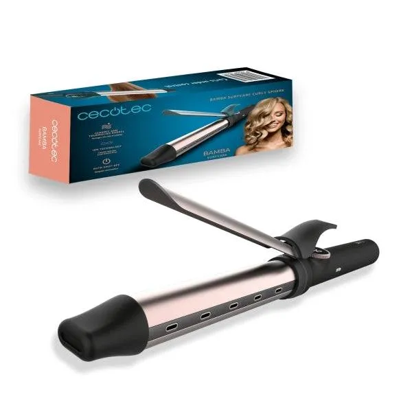 Cecotec Bamba SurfCare Curly Sphere Arricciacapelli 28mm - Ioni Negativi - Ricci Ampi e Naturali - Display LED Temperatura - Intervallo 120-210°C - Cavo 360º - Spegnimento Automatico - Nero e Rosa