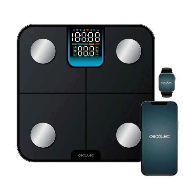 Cecotec Surface Precision HealthySmart Bilancia Pesapersone fino a 180kg - Bluetooth 4.0 - Analisi Corporea Completa - Piedini Antiscivolo - Funzione Bambino - Vetro Temperato - LCD - 310x310mm - Colore Nero