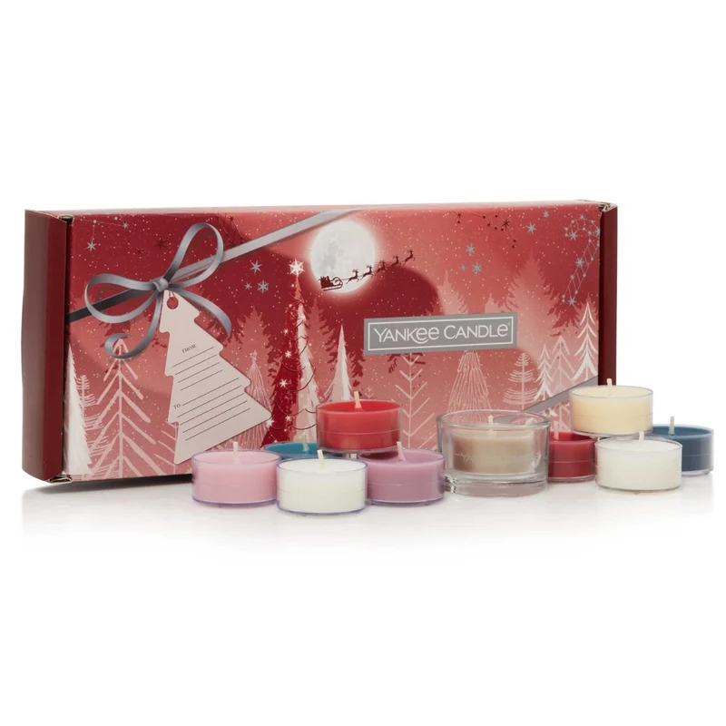CONFEZIONE REGALO NATALIZIA CON 10 LUMINI TEALIGHT E 1 PORTA CANDELA