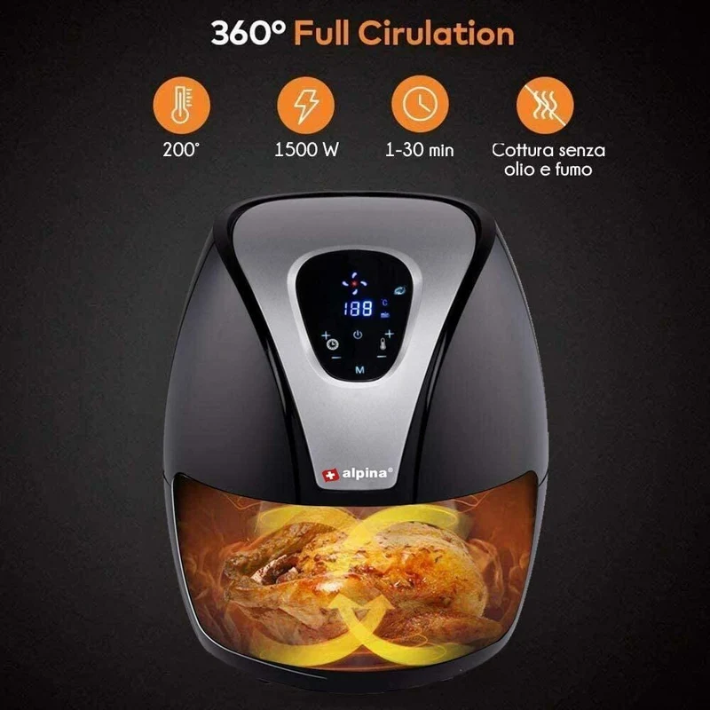 Friggitrice Aria Calda Digitale Senza Olio Airfryer 2,4Lt Frigge Cuoce 1500W