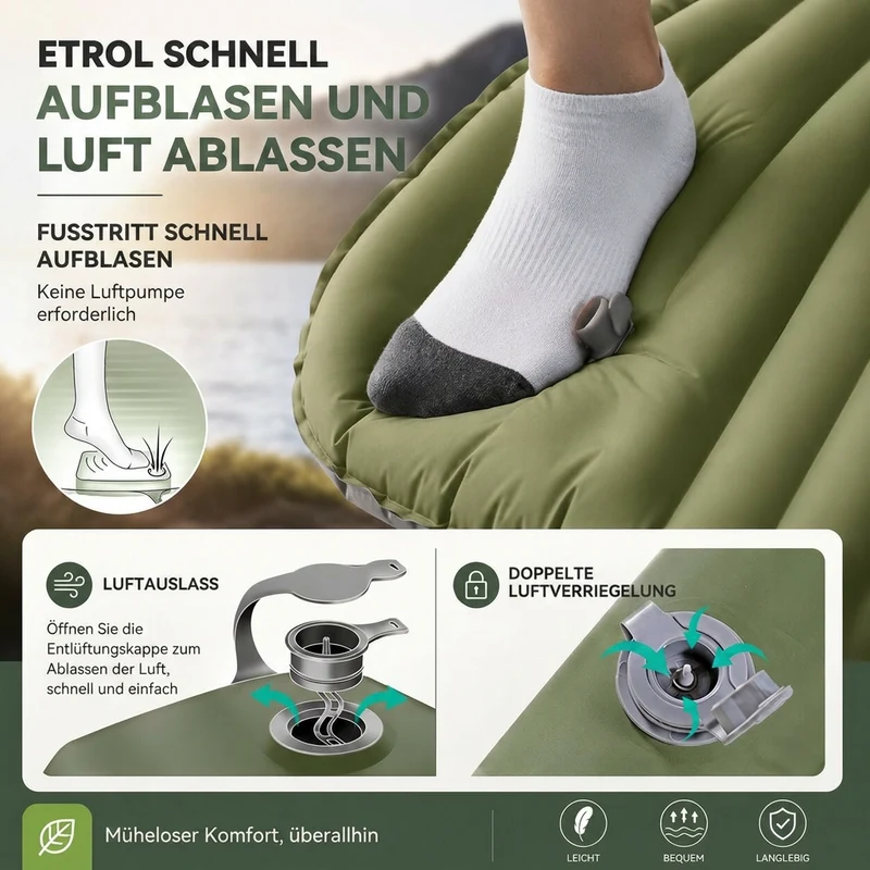 Aufblasbare Isomatte mit Fußpumpe | Fußquell