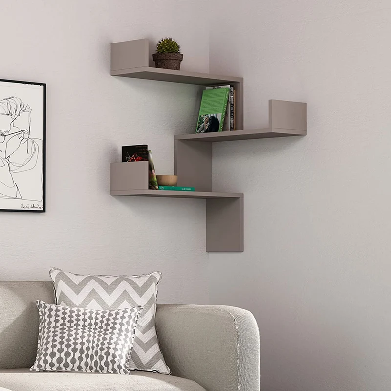 Mensola Scaffale Angolare da Parete 60x22x90 cm 3 Piani Salvaspazio in Legno Tortora