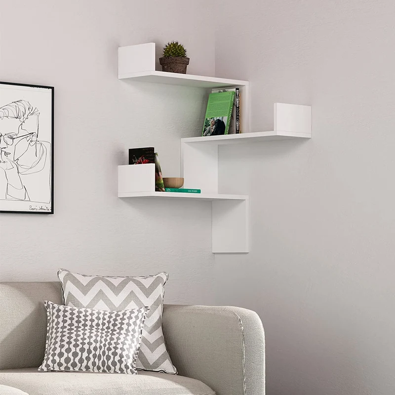 Mensola Scaffale Angolare da Parete 60x22x90 cm 3 Piani Salvaspazio in Legno Bianco