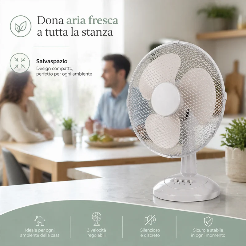 Ventilatore da Tavolo Autoportante Ø40cm Potenza 45W 3 Velocità Sabbia