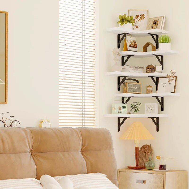 Set 5 Mensole Angolari a Parete 41x29 cm Scaffale ad Angolo da Muro in Legno Bianco
