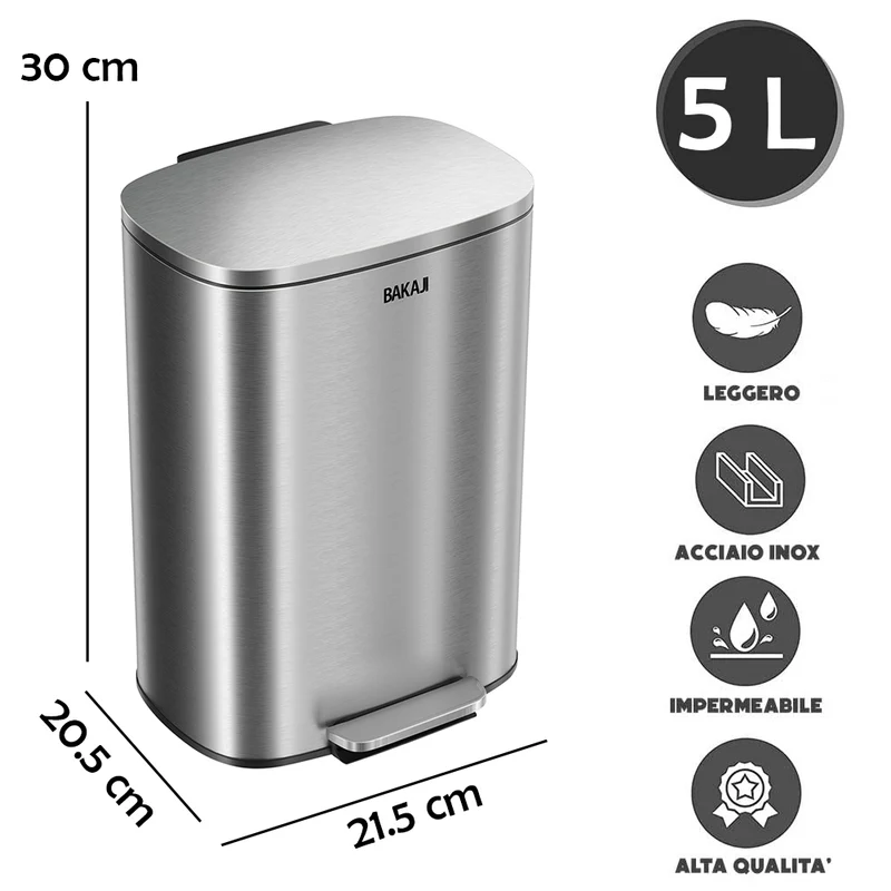 Pattumiera Rettangolare 21,5x20,5x30 cm Apertura a Pedale 5L Bidone Spazzatura in Acciaio Inox