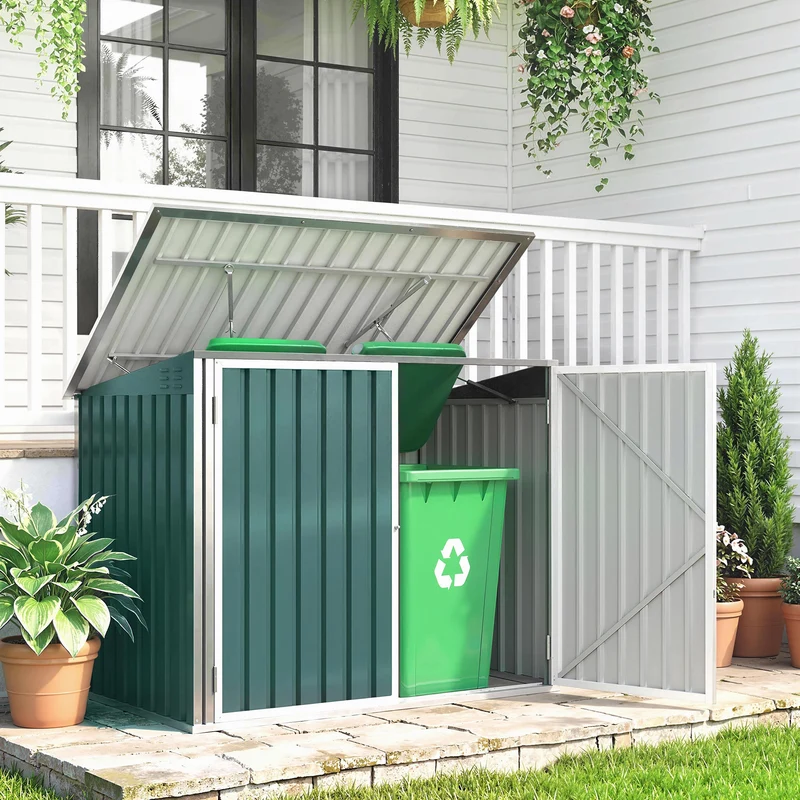 Capanno da Giardino Organizer per Bidoni Spazzatura 179,5x108x129,5 cm in Acciaio Zincato Verde