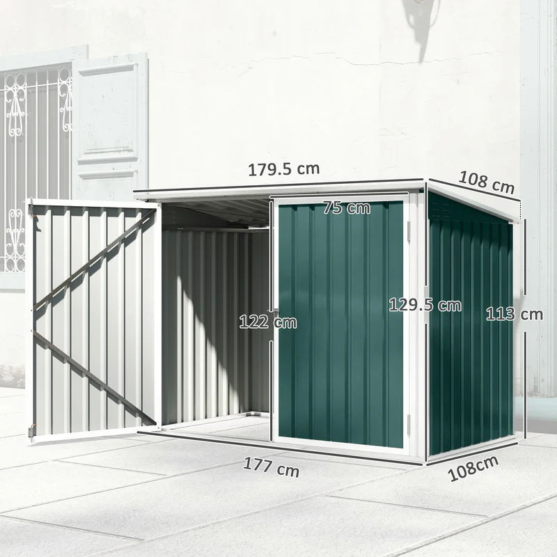 Capanno da Giardino Organizer per Bidoni Spazzatura 179,5x108x129,5 cm in Acciaio Zincato Verde