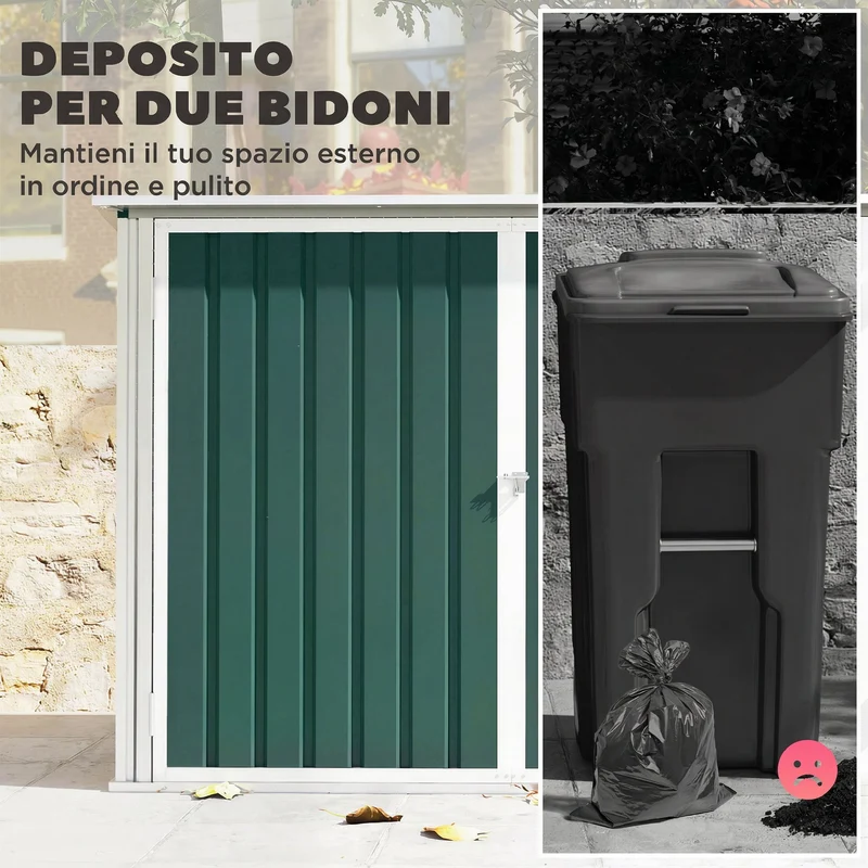 Capanno da Giardino Organizer per Bidoni Spazzatura 179,5x108x129,5 cm in Acciaio Zincato Verde