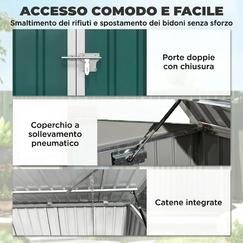 Capanno da Giardino Organizer per Bidoni Spazzatura 179,5x108x129,5 cm in Acciaio Zincato Verde